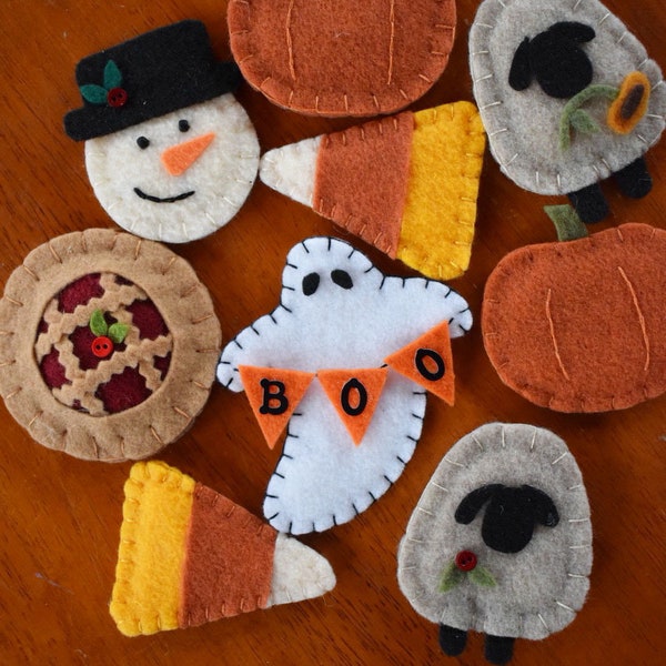 Assorted Felt Holiday Magnets, Halloween Magnets, Seasonal Magnets, Christmas Magnets, Snowman, Ghost, Candy Corn, Sheep, Pie, Pumpkin