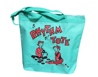 Retro-style 'Rhythm Tote' seafoam green zippered tote bag purse