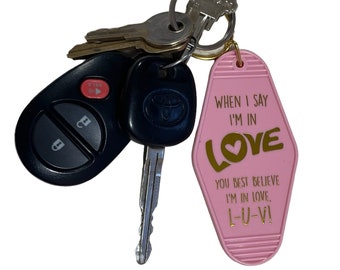 When I Say I’m In Love Shangri-Las pink motel keychain with gold foil imprint!