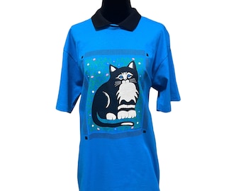 Vintage 90's screenprinted collared cat shirt Brindar Design Large