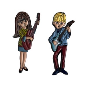 Lee big eye guitar girl and boy enamel pin set Keane Eve Gig