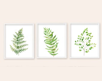 Printable Ferns Leaves Collection Wall Decor , Watercolor Ferns Leaves, Print Set of 3, Home wall decoration, printable fern leaf