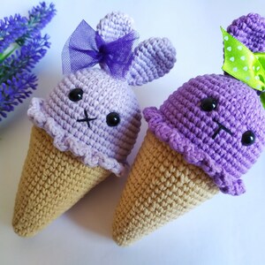 Handmade crochet ice cream bunny toys. Birthday present for baby boys and girls. Amigurumi custom knitted gift. Pink bunny ice cream