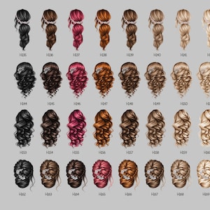 May include: A chart of 20 different hairstyle options for women. The hairstyles are all back views and are numbered H135 through H170.