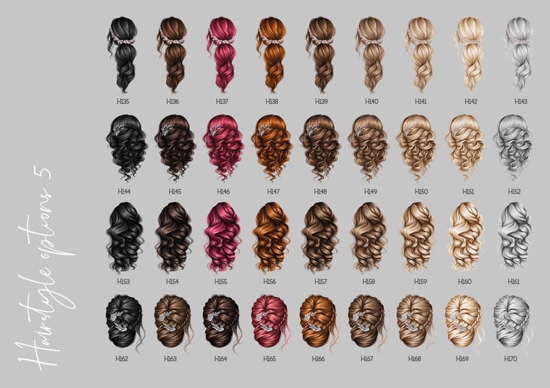 May include: A chart of 20 different hairstyle options for women. The hairstyles are all back views and are numbered H135 through H170.