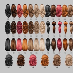 May include: A chart of 36 different hairstyle options for women. The hairstyles are shown from the back and include straight, wavy, curly, and updo styles. The hair colors include black, brown, blonde, red, and pink.