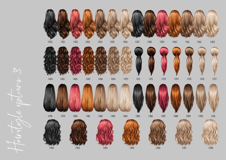 May include: A chart of 36 different hairstyle options for women. The hairstyles are shown from the back and include straight, wavy, curly, and updo styles. The hair colors include black, brown, blonde, red, and pink.