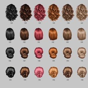 May include: A chart of 18 different hairstyle options for a digital illustration of a woman's hair. The hairstyles are numbered H22 through H49. The hairstyles include long, curly hair, short hair, and buns.
