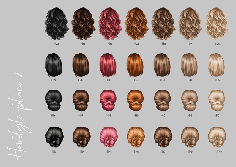 May include: A chart of 18 different hairstyle options for a digital illustration of a woman's hair. The hairstyles are numbered H22 through H49. The hairstyles include long, curly hair, short hair, and buns.
