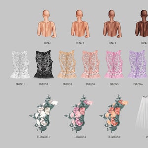 May include: Seven different styles of wedding dresses with lace detailing, shown in white, black, peach, pink, lavender, and teal.  There are also three different floral bouquets and a white veil.