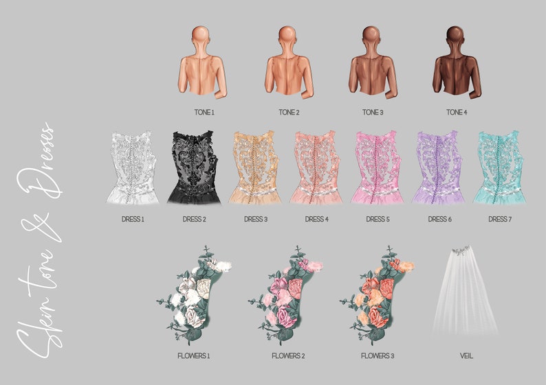 May include: Seven different styles of wedding dresses with lace detailing, shown in white, black, peach, pink, lavender, and teal.  There are also three different floral bouquets and a white veil.