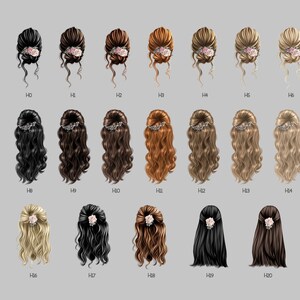 May include: A chart showing 21 different hairstyle options for a bride or bridesmaid. The hairstyles are all variations of updos and down styles with different hair colors, including blonde, brown, black, and red.