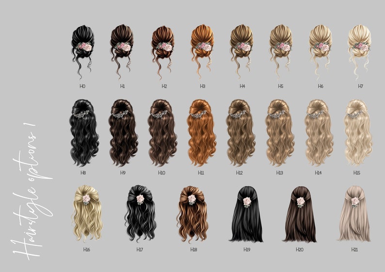 May include: A chart showing 21 different hairstyle options for a bride or bridesmaid. The hairstyles are all variations of updos and down styles with different hair colors, including blonde, brown, black, and red.