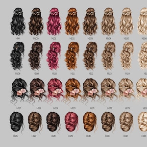 May include: A chart of 34 different hairstyle options for women. The hairstyles are shown in various colors, including black, brown, blonde, red, and gray. Each hairstyle is labeled with a number.