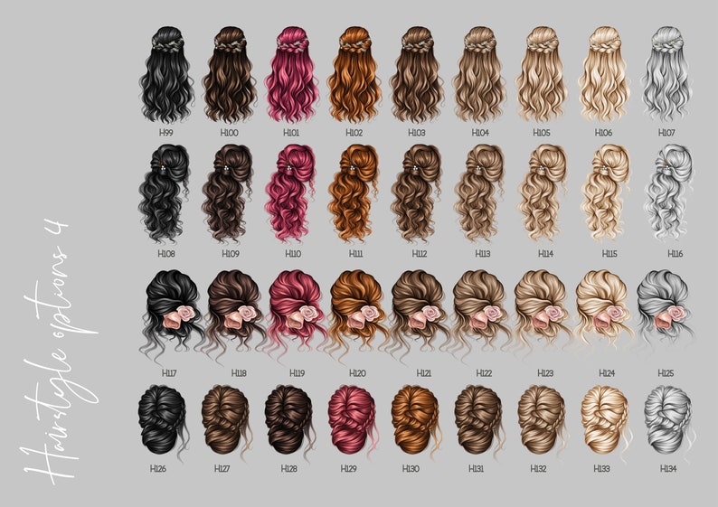 May include: A chart of 34 different hairstyle options for women. The hairstyles are shown in various colors, including black, brown, blonde, red, and gray. Each hairstyle is labeled with a number.