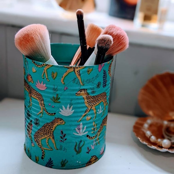Metal storage tin ,blue leopard print makeup brush holder ,plant pot,  pencil pot,desk organiser.