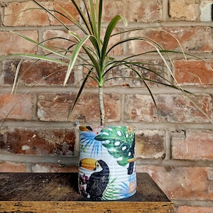 Upcycled Tin Plant Pot: Boho Toucan Bird Tropical Decor