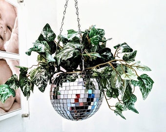 hanging disco ball planter, retro mirror ball plant pot, unique silver glitter ball planter, first home gift