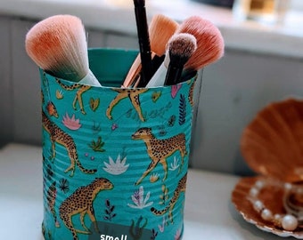 Handmade Upcycled Leopard Print Makeup Brush Holder: Eco-Friendly Desk Organizer