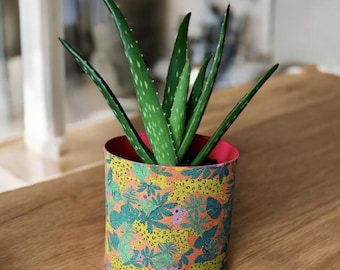 Upgecycelter Pflanztopf aus Zinn mit Leopardenmuster | Aloe-Vera-Topf, Küchenutensilienhalter im Safari-Stil | Nachhaltiges Geschenk für Sie