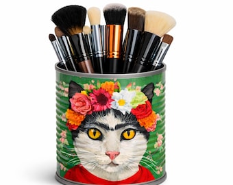 Frida Kahlo Upcycled Tin Makeup Brush Holder, Vintage Vanity Storage