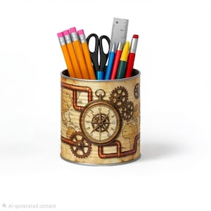 May include: A cylindrical pencil holder featuring a vintage map design with copper-coloured pipes, gears, and a central compass graphic. The holder is filled with yellow pencils, black scissors, a grey ruler, and several colourful pens and markers.
