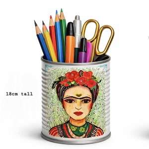 Mexican Folk Art Stationery Storage Holder with Frida Kahlo Face, 18cm Upcycled Tin Desk Organiser Or Planter