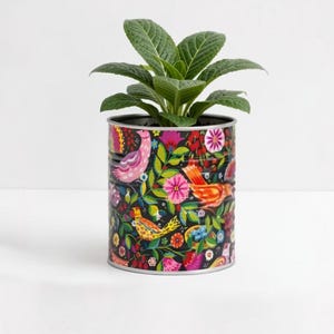 Exotic Bird Upcycled Tin Plant Pot, Tropical Botanical Decoupage Planter