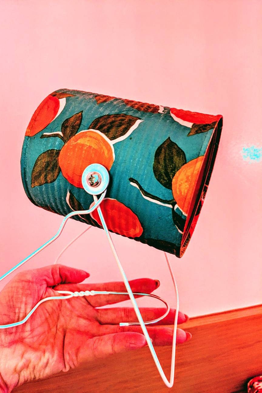 Funky Tin Can Lamp – Upcycled Lighting Peach Print – Boho Sustainable Decor for Creative Spaces