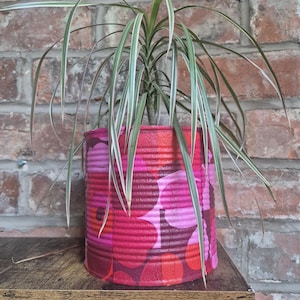 Könnte beinhalten: Ein zylindrischer Metallbehälter, der als Pflanzgefäß umfunktioniert wurde und ein leuchtendes Blumenmuster in Pink, Rot und Orange aufweist. Eine grün-weiß panaschierte Dracaena-Pflanze mit langen, schmalen, gebogenen Blättern wächst daraus.