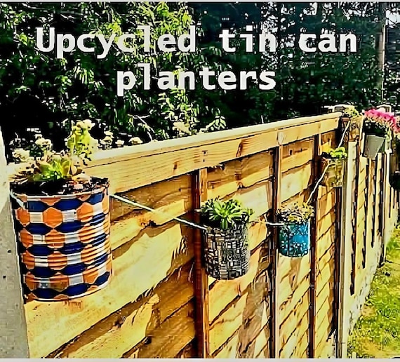 Handmade Fence Planter: Balcony Planter, Colorful Tin Can Plant Holder