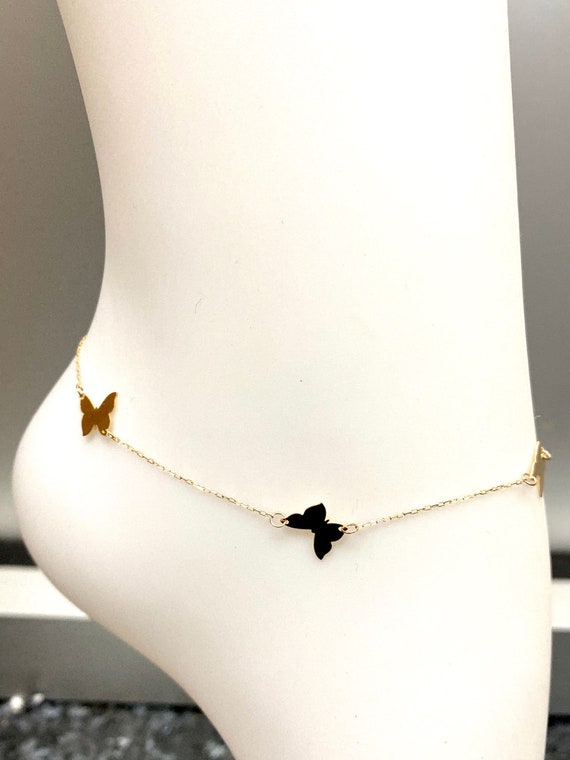 Fine 14K Yellow Gold Butterfly Station Adjustable Anklet Bracelet-9/10" Fine 14K Yellow Gold Butterfly Station Adjustable Anklet Bracelet-9/10"