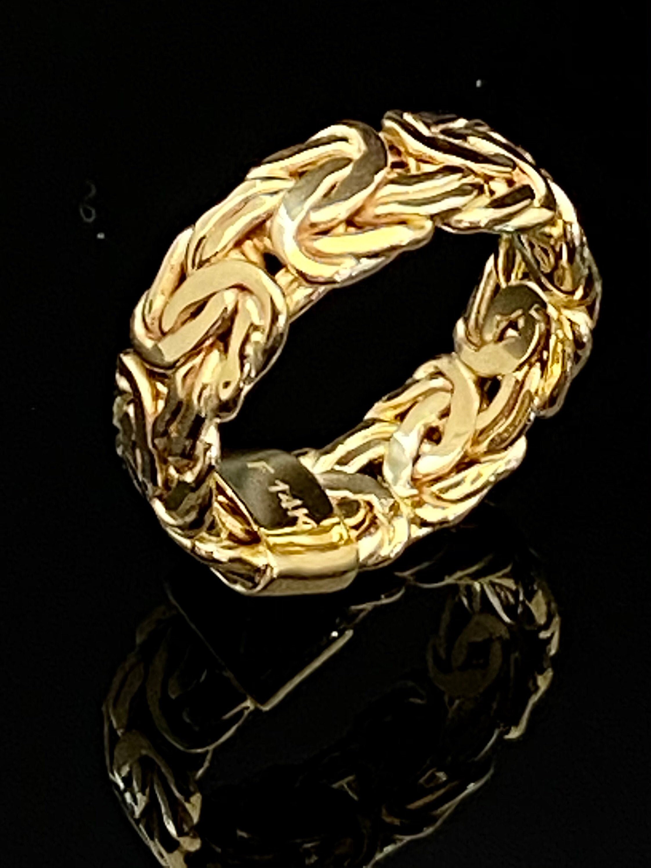 Solid 14K Yellow Gold 7.5mm Byzantine Link Design Band Ring Size 7
