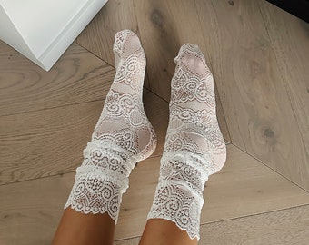 Chaussettes transparentes en tulle et dentelle faites main pour femme