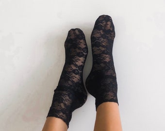 Mesh Thin Tulle Black Lace Lycra Sheer Socks with Flowers for Women