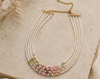 Multi-Strand Turmalin Perlen Choker Halskette | Pastell Edelstein Brautschmuck