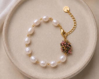 Süßwasser Perlen Armband mit Natürlichen Turmalin Anhänger | Vergoldeter Edelsteinschmuck