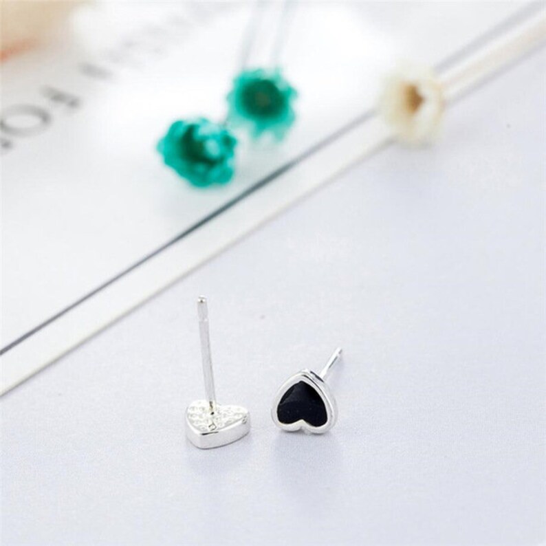 925 Sterling Silver Earrings Black Heart Stud Earrings Love Etsy
