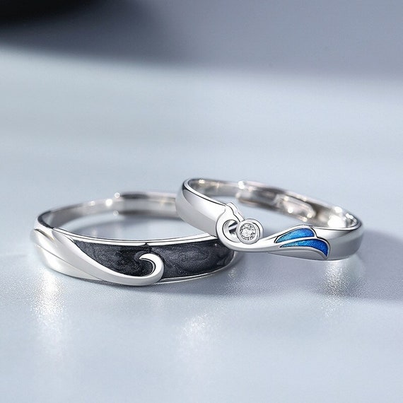 Black & Blue Enamel Zircon Silver Couple Rings Matching - Etsy