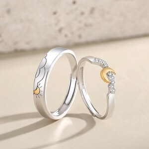 DAOCHONG 925 Sterling Silver Couple Rings Set - Matching Heart Puzzle Promise Rings, Adjustable I Love You Bands For Him & Her