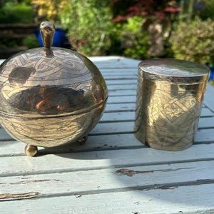 Vintage Nigerian Silver plated Bowl and Pot with Lids: Engraved knotwork, Signed