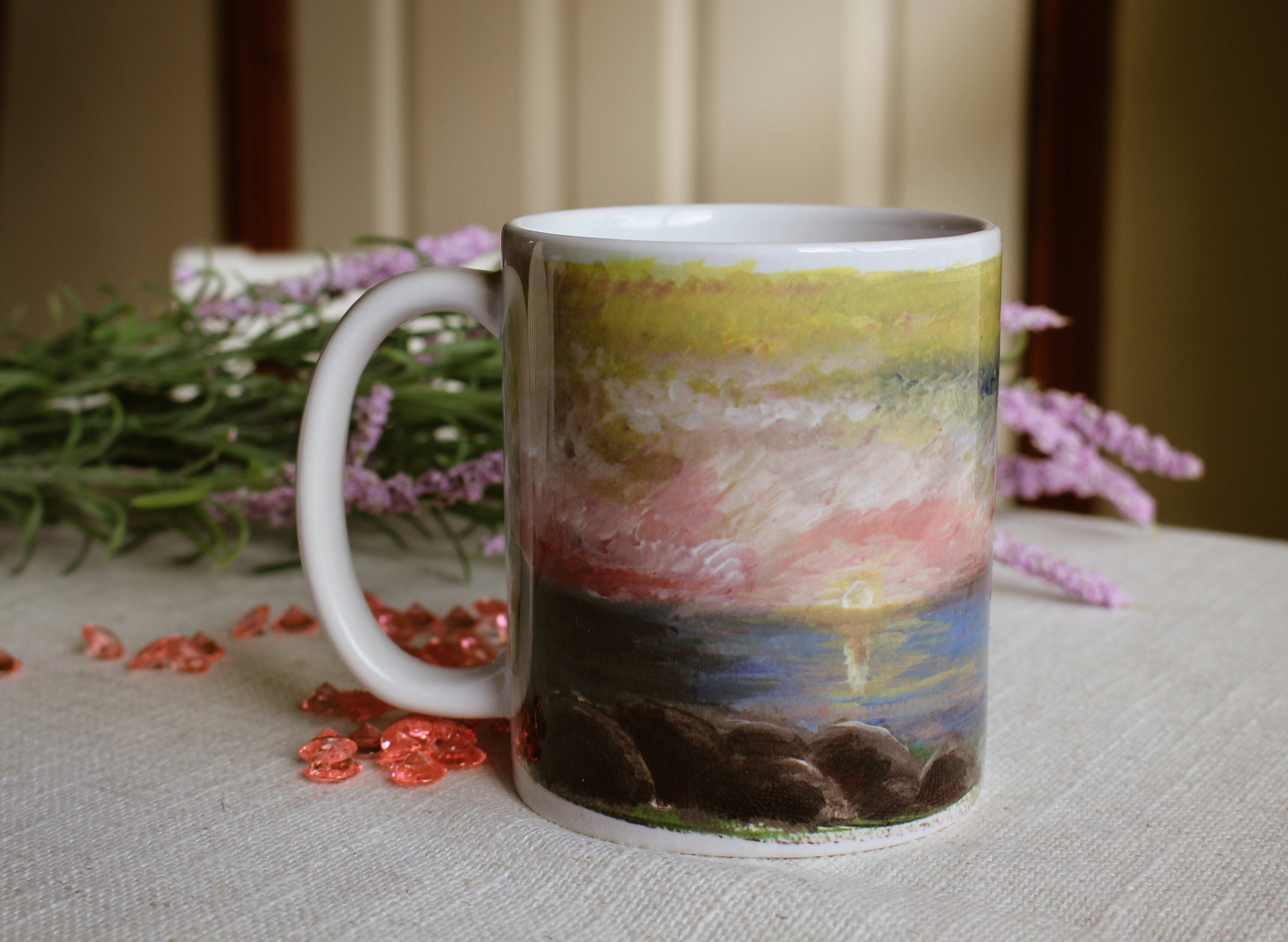 Art Mug, Water Landscape, Custom Mugs, Unique Cup, Handpainted Art
