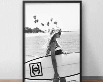 Surf girls Vintage Art Print Poster For Glass Frame Black White Surfing Boards
