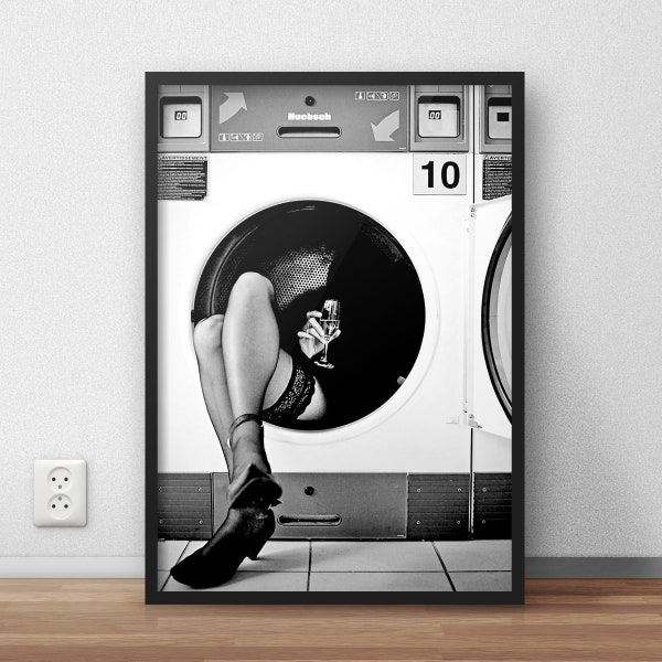 Woman Drinking Wine in Washing Machine Print Black and White Feminist Poster Funny Wall Art Vintage Laundry Poster Aesthetic Room Decor