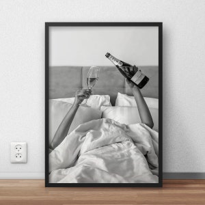 Woman Drinking Wine in Bed Poster, Bar Cart Print, Black and White, Cocktail Wall Art, Alcohol Poster, Teen Dorm Room Decor, Feminist Poster