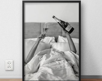 Woman Drinking Wine in Bed Poster, Bar Cart Print, Black and White, Cocktail Wall Art, Alcohol Poster, Teen Dorm Room Decor, Feminist Poster