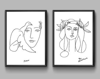 Set of 2 Picasso line art Picasso Lady and Dove Picasso Art lady line art poster print black and white art poster art print minimal decor