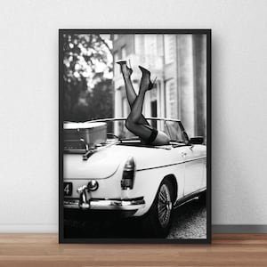 Classic Car High Heels Poster: Black and White Fashion Art (Digital Download)