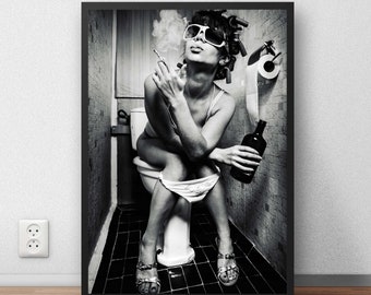 Girl on Toilet Print, Fashion Wall Art, Black and White