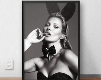 Impression de mode vintage Kate Moss, photographie de mannequin noir et blanc, affiche d'art mural des années 90
